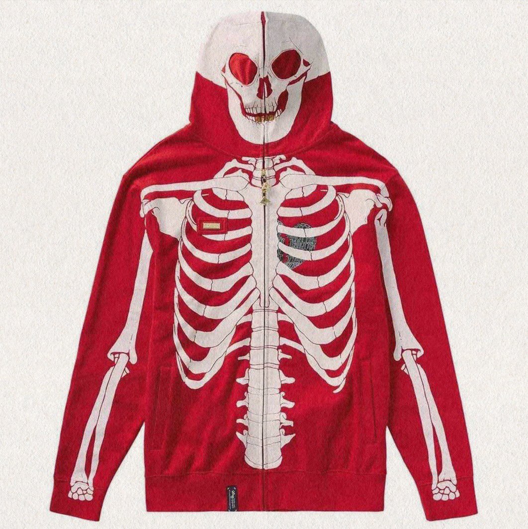 LRG took the Skeleton design from Vanson, not the other way around. The left is the original Vanson Skeleton Leather jacket from 2002. LRG’s Dead Serious hoodie (right) came out in 2006.