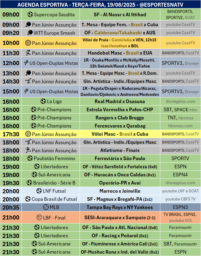EsportesNaTV's tweet photo. A agenda esportiva desta TERÇA-FEIRA (19/08/2025) https://t.co/yAyxTJ0ki3
