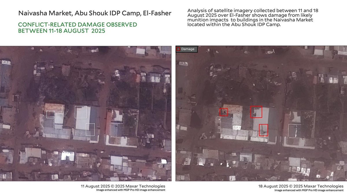 Humanitarian Research Lab (HRL) at YSPH (@hrl_yalesph) on Twitter photo 🚨Report🚨
<a href="/HRL_YaleSPH/">Humanitarian Research Lab (HRL) at YSPH</a> confirms RSF bombardment on Naivasha Market in Abu Shouk IDP Camp via satellite imagery. 40+ people including children, a pregnant woman+ an ERR volunteer were reportedly killed by RSF attacks between 11-17 August.
📸<a href="/Maxar/">Maxar Technologies</a>
medicine.yale.edu/lab/khoshnood/… 🚨Report🚨
<a href="/HRL_YaleSPH/">Humanitarian Research Lab (HRL) at YSPH</a> confirms RSF bombardment on Naivasha Market in Abu Shouk IDP Camp via satellite imagery. 40+ people including children, a pregnant woman+ an ERR volunteer were reportedly killed by RSF attacks between 11-17 August.
📸<a href="/Maxar/">Maxar Technologies</a>
medicine.yale.edu/lab/khoshnood/…
