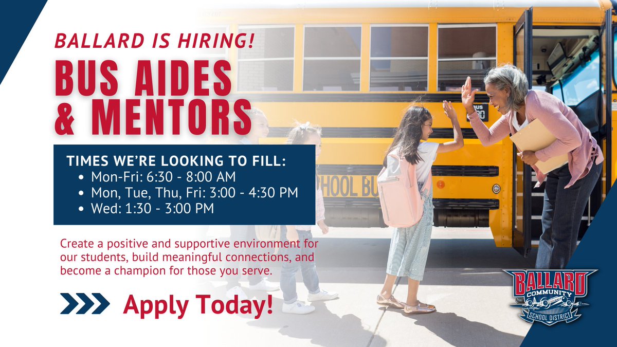 Aligned with our mission that "Each Child, Each Employee, and Each Partner Matters," we’re looking for dedicated individuals to serve as bus aides and mentors! 🚌

Apply here: applitrack.com/ballardcsd/onl…