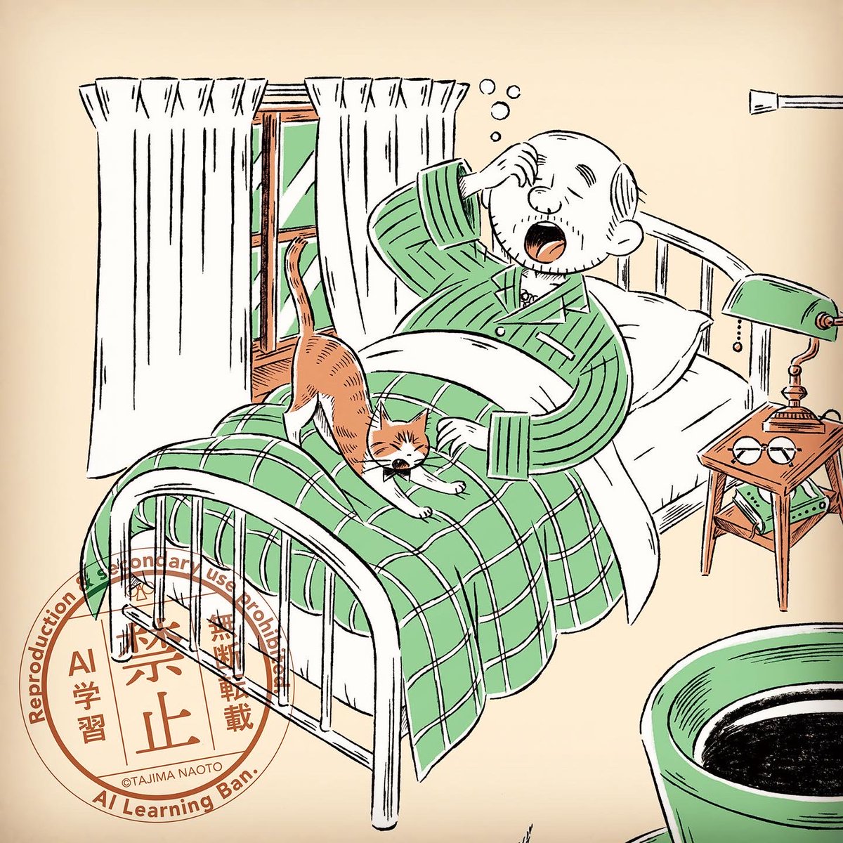 放置していたおじさんのモーニングルーティン絵の線画に色をつけました。🥸☕️🐈 