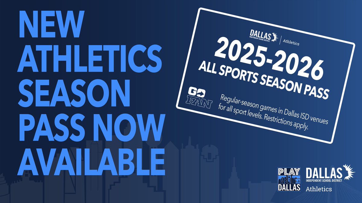 Dallas ISD (@dallasschools) on Twitter photo <a href="/dallasathletics/">Dallas ISD Athletics</a>’ new All-Sports Season Pass is here! Score big savings on tickets to all regular-season home games—middle school to varsity.🎟️
Discounted passes for adults and students available through Sept. 15. #PlayBIGDallas
For more information, visit bit.ly/3Uv9ODY <a href="/dallasathletics/">Dallas ISD Athletics</a>’ new All-Sports Season Pass is here! Score big savings on tickets to all regular-season home games—middle school to varsity.🎟️
Discounted passes for adults and students available through Sept. 15. #PlayBIGDallas
For more information, visit bit.ly/3Uv9ODY
