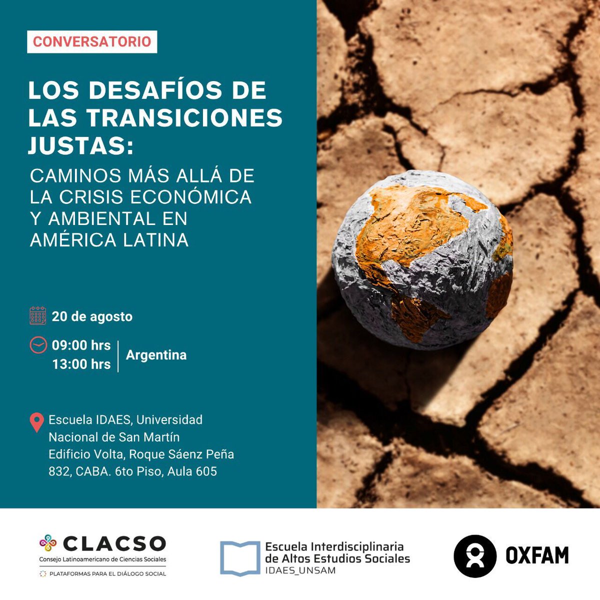 🌎 Conversatorio | Los desafíos de las transiciones justas. Caminos más allá de la crisis económica y ambiental en América Latina
📅 Miércoles 20 de agosto
🕘 De 9 a 13 h (Argentina)
📍 Modalidad presencial | Escuela IDAES – UNSAM
📌 Edificio Volta, CABA – Roque Sáenz Peña 832,