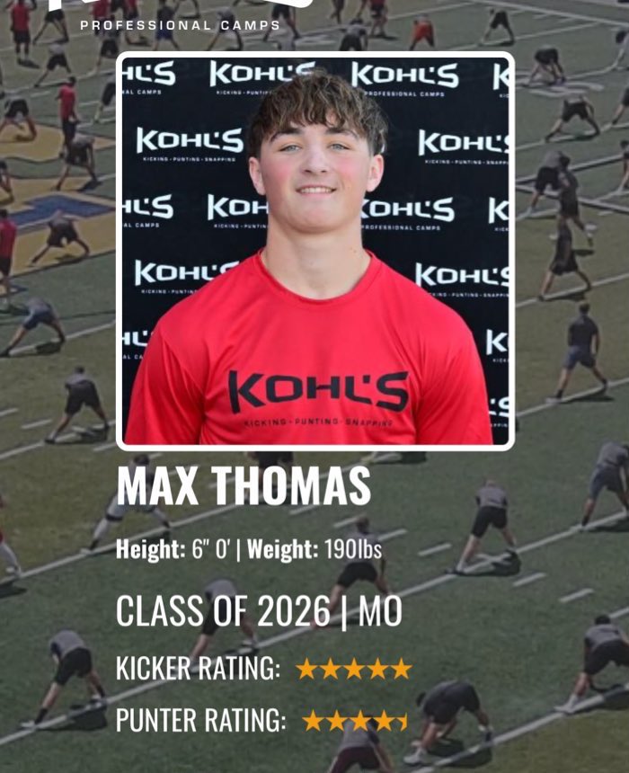Max Thomas 4.5 ⭐️ (@maxthomaskick) on Twitter photo Excited to share I have received a scholarship offer to play for <a href="/ACU_AZ/">Arizona Christian University</a>. Thank you <a href="/JeffBowenACU/">Jeff Bowen</a> and <a href="/coachboom_acu/">Coach “Boom” Bain, ACU</a> for the opportunity to compete at the next level! #RollStorm <a href="/firestormfb/">ACU Football 🔥</a>
<a href="/SMAGuardianFB/">SMA Football</a> <a href="/SMAActivities/">SMA Activities</a> <a href="/CoachKever/">Coach Kever</a> <a href="/KohlsKicking/">Kohl's Kicking Camps</a> <a href="/KohlsHighlights/">Kicking, Punting, Long Snapping Highlights</a> <a href="/A_Errthum17/">Austin Errthum</a> Excited to share I have received a scholarship offer to play for <a href="/ACU_AZ/">Arizona Christian University</a>. Thank you <a href="/JeffBowenACU/">Jeff Bowen</a> and <a href="/coachboom_acu/">Coach “Boom” Bain, ACU</a> for the opportunity to compete at the next level! #RollStorm <a href="/firestormfb/">ACU Football 🔥</a>
<a href="/SMAGuardianFB/">SMA Football</a> <a href="/SMAActivities/">SMA Activities</a> <a href="/CoachKever/">Coach Kever</a> <a href="/KohlsKicking/">Kohl's Kicking Camps</a> <a href="/KohlsHighlights/">Kicking, Punting, Long Snapping Highlights</a> <a href="/A_Errthum17/">Austin Errthum</a>