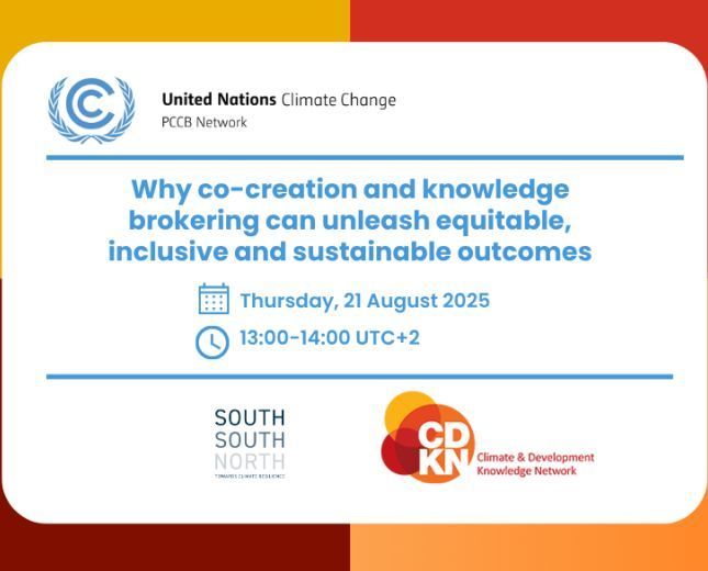 SNAfricaNews's tweet image. Thurs, 21 Aug: Join CDKN &amp;amp; #PCCBNetwork for a session on knowledge brokering &amp;amp; co-creation to drive inclusive, sustainable outcomes.

🔗 Register: events.teams.microsoft.com/event/5a73b024…

#KnowledgeBrokering #CoCreation