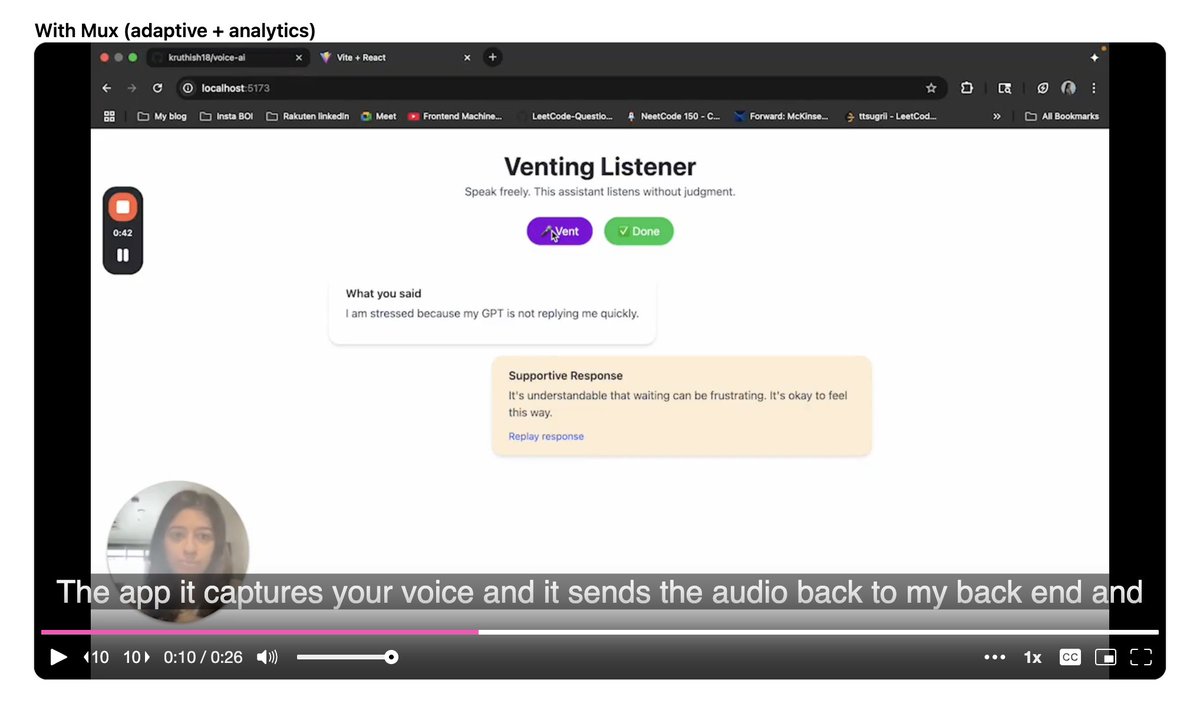 kruthihegde18's tweet image. Just tried @MuxHQ  

Uploaded a video and dropped it into my webpage in minutes.

- Adaptive quality (smooth playback)
- Views &amp;amp; playback metrics
- No messing with encoders or CDNs
Pretty slick for devs who want video infra without the headache.
#mux #videoapi #developereducation