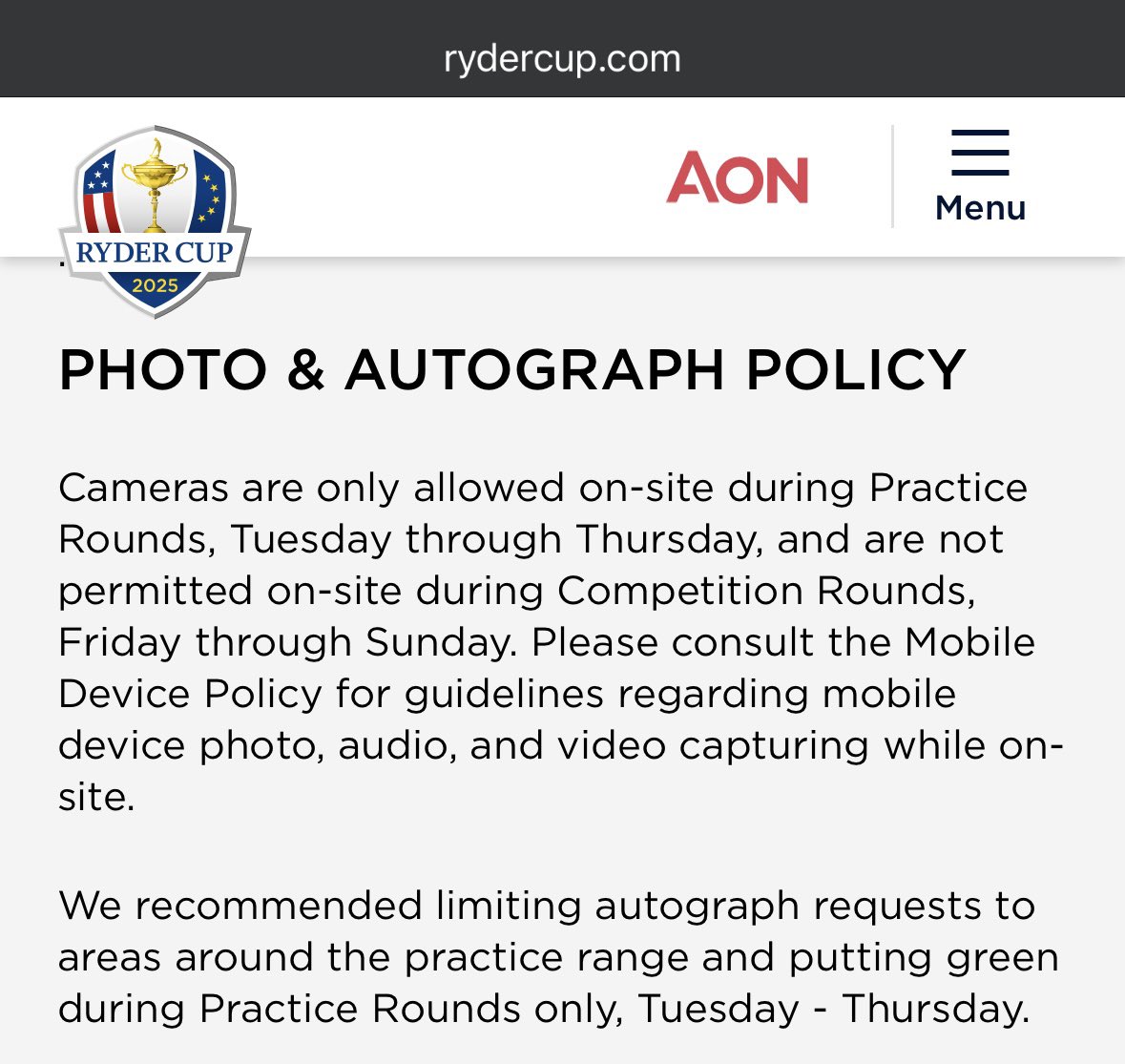 Howdy <a href="/rydercup/">Ryder Cup</a> … since cameras are allowed for practice rounds next month, are there any restrictions on lens/camera?

I can’t find it on the website, or how to email anyone and ask.

Looking forward to this event in NY!