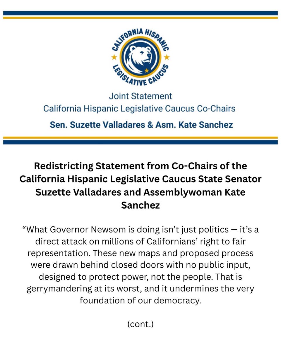 CAHispCaucus's tweet image. CHLC Co-Chairs Sen. Suzette Valladares &amp;amp; Asm. Kate Sanchez released this joint statement today on the Governor’s “gerrymandering at its worst” proposal. #Hispanic #Latino #Representation #California #Redistricting
