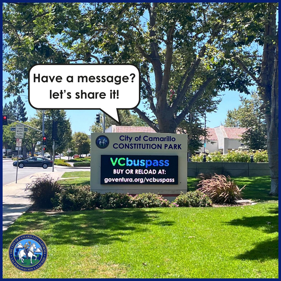 The City’s new digital marquee at Constitution Park is now accepting community requests. Share your civic, community, or nonprofit events with your neighbors! 

👉 Submit here: cityofcamarillo.org/marquee

Note: Commercial, political, and private event messages are not eligible.