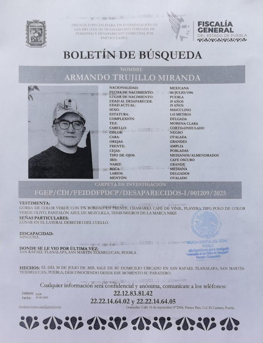 Compartimos ficha de búsqueda #Puebla #SeBusca