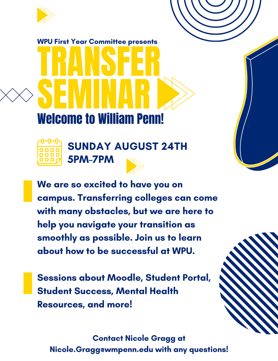 Transfers! We are so glad you are continuing your education at William Penn University. Be sure to attend the Transfer Seminar on Sunday August 24th at 5pm in the MTC.