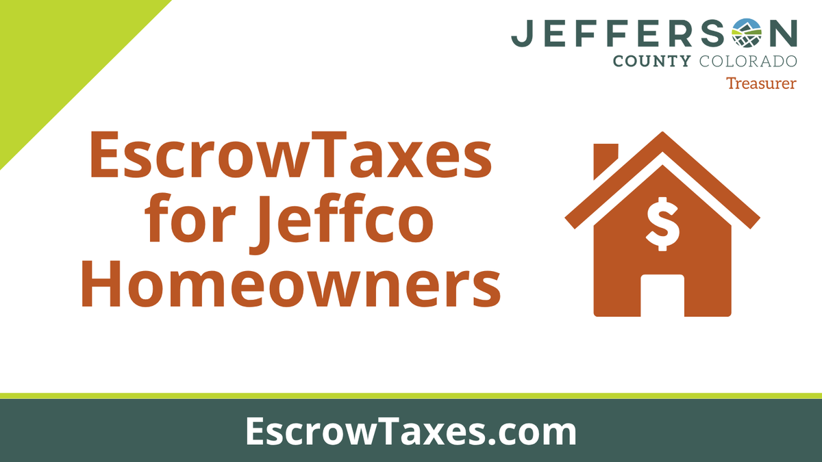 Jeffco Colorado (@jeffcocolorado) on Twitter photo New Escrow Payment Option for Property Owners 🏠 
The Jefferson County Treasurer's Office is excited to announce a new escrow payment option for residential and commercial property owners who don’t have mortgage companies paying their taxes. Taxpayers can now turn an annual tax New Escrow Payment Option for Property Owners 🏠 
The Jefferson County Treasurer's Office is excited to announce a new escrow payment option for residential and commercial property owners who don’t have mortgage companies paying their taxes. Taxpayers can now turn an annual tax