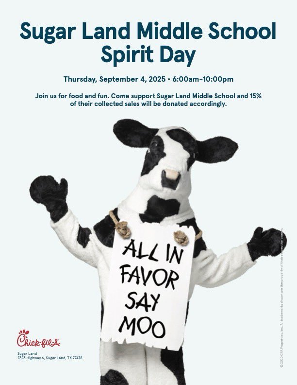 SLMS PTO (@slmstitanpto) on Twitter photo Save the date! SEPTEMBER 4th. Plan to pick up an always delicious meal from Chick-fil-A Sugar Land, 2323 Hwy 6. <a href="/SLMSTitans/">Sugar Land MS</a> Order in the mobile app for fast and easy service and to guarantee your order supports SLMS! Save the date! SEPTEMBER 4th. Plan to pick up an always delicious meal from Chick-fil-A Sugar Land, 2323 Hwy 6. <a href="/SLMSTitans/">Sugar Land MS</a> Order in the mobile app for fast and easy service and to guarantee your order supports SLMS!