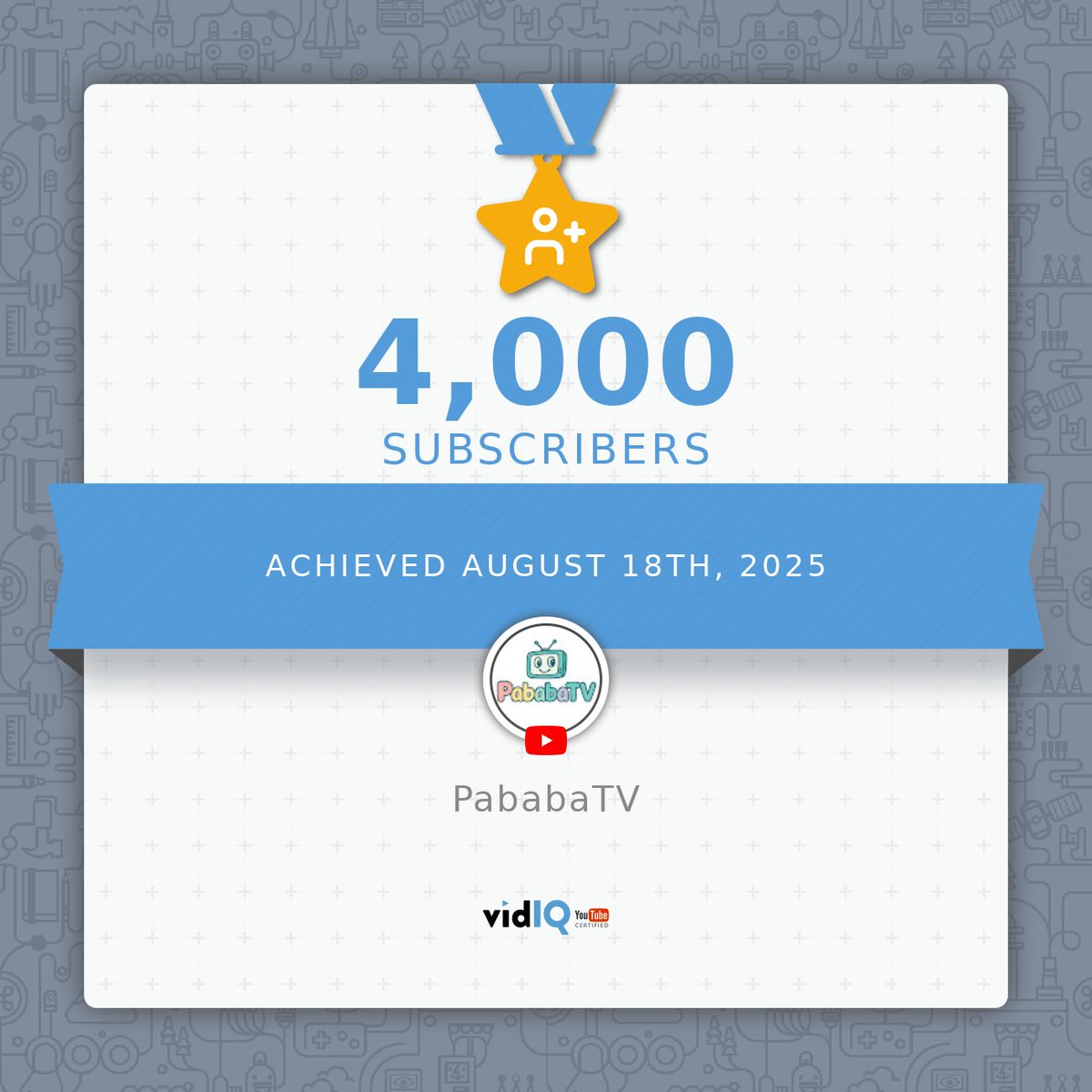 PababaTV's tweet photo. My YouTube channel achieved 4,000 Subscribers on August 18, 2025! Track your success with @vidIQ #vidiq https://t.co/dz323RjYWQ https://t.co/Nl3S7CqHiK