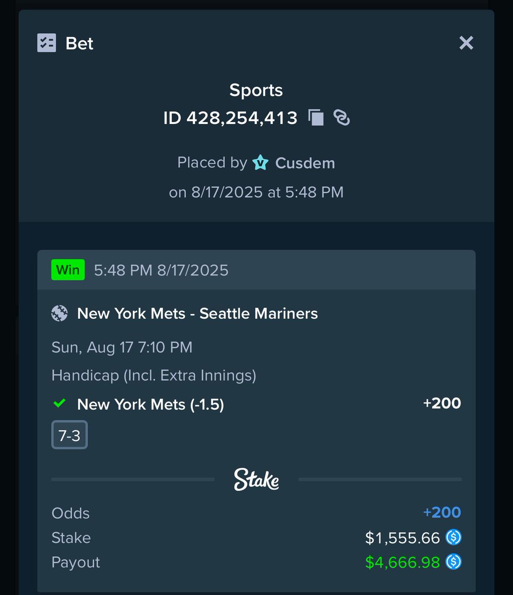 demize21's tweet photo. Both tickets SMASHED ✅ @stake 

Mets ML + Mets -1.5 = $21,893.43 payout 💰

We don’t talk — we cash tickets 🎯

Follow: @demize21 &amp; @RossPicks 

Rt + like this if you don't Wana miss the next play #stake https://t.co/ydQUhGqdde