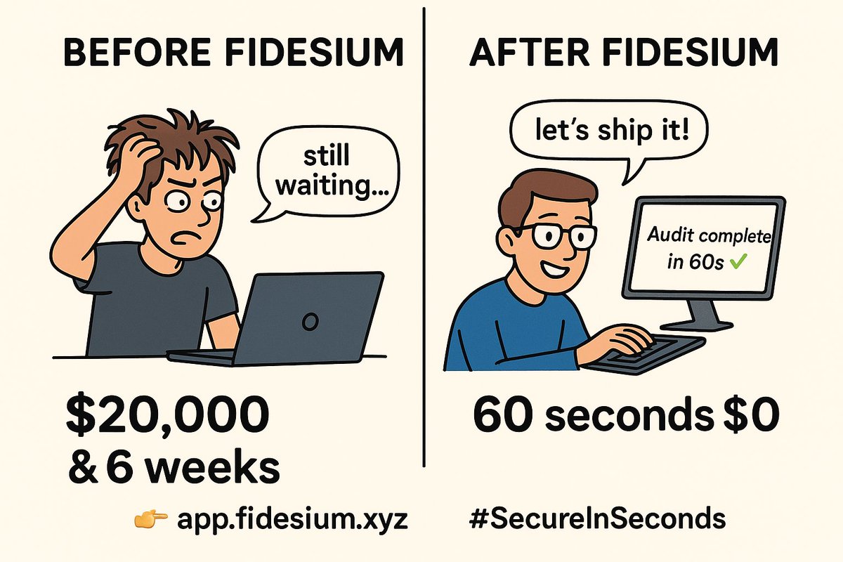 JApsjs9's tweet photo. "Old audits: wait 6 weeks, pay $20k.
Fidesium: 60 seconds. $0.
Stop praying your audit comes back in time. Just ship secure.
👉 https://t.co/YMi5KijfV0
#SecureInSeconds @Fidesiumapp https://t.co/t4WNNR4WX8