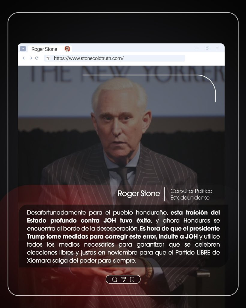 Asi lo dijo <a href="/RogerJStoneJr/">Roger Stone</a>. Alto y claro 👇🏻 en su artículo President Trump Must Take Action to Stop Honduran President Xiomara ‘Maduro Jr’ Castro. stonecoldtruth.com/p/president-tr… 

<a href="/JuanOrlandoH/">Juan Orlando H.</a> es #inocente #volvera #FreeJOH