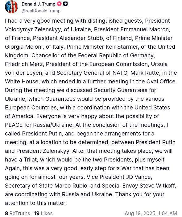 Trump: "Tras la reunión con los líderes europeos, he llamado a Vladimir Putin".

"Estamos preparando una reunión entre Zelensky y Putin en un lugar por determinar. Y después de esa reunión, otra trilateral de ellos dos conmigo".