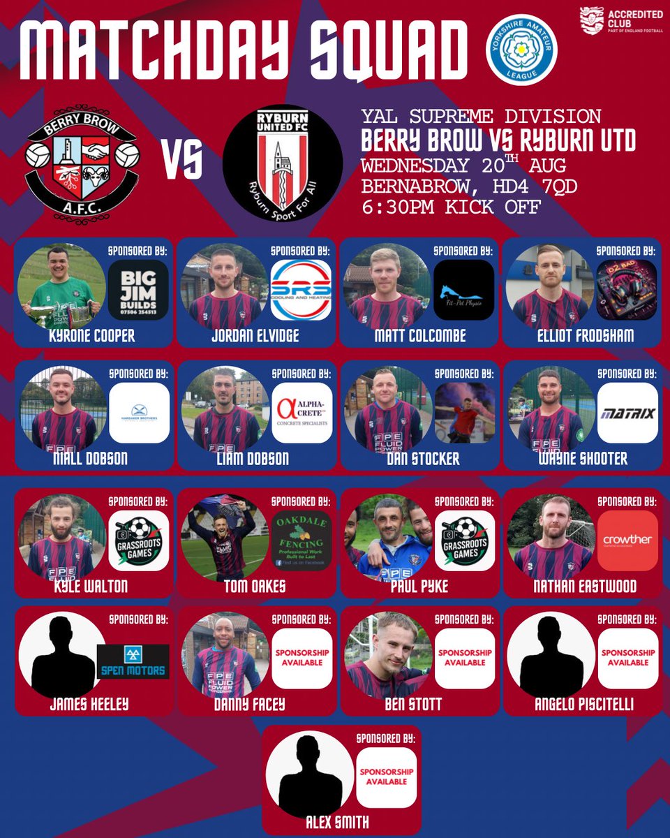 BerryBrowAFC's tweet image. Wednesday Night Football:
First midweek fixture of the season as the lads take on @RyburnUtdFC down at the Bernabrow. They go into the game looking to build on the great start to the season on Saturday.
Massive thanks to all our players sponsors for the 2025/26 season #UTB