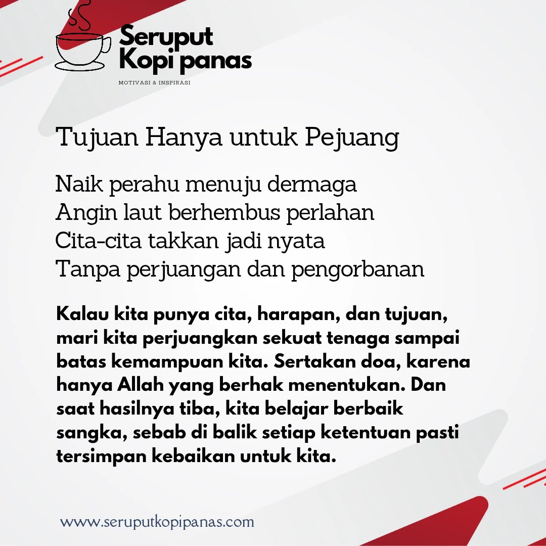 Kalau kita punya cita, harapan, dan tujuan, mari kita perjuangkan sekuat tenaga sampai batas kemampuan kita. Sertakan doa, krn hanya Allah yang berhak menentukan. Dan saat hasilnya tiba, kita belajar berbaik sangka. Di balik setiap ketentuan pasti tersimpan kebaikan untuk kita.