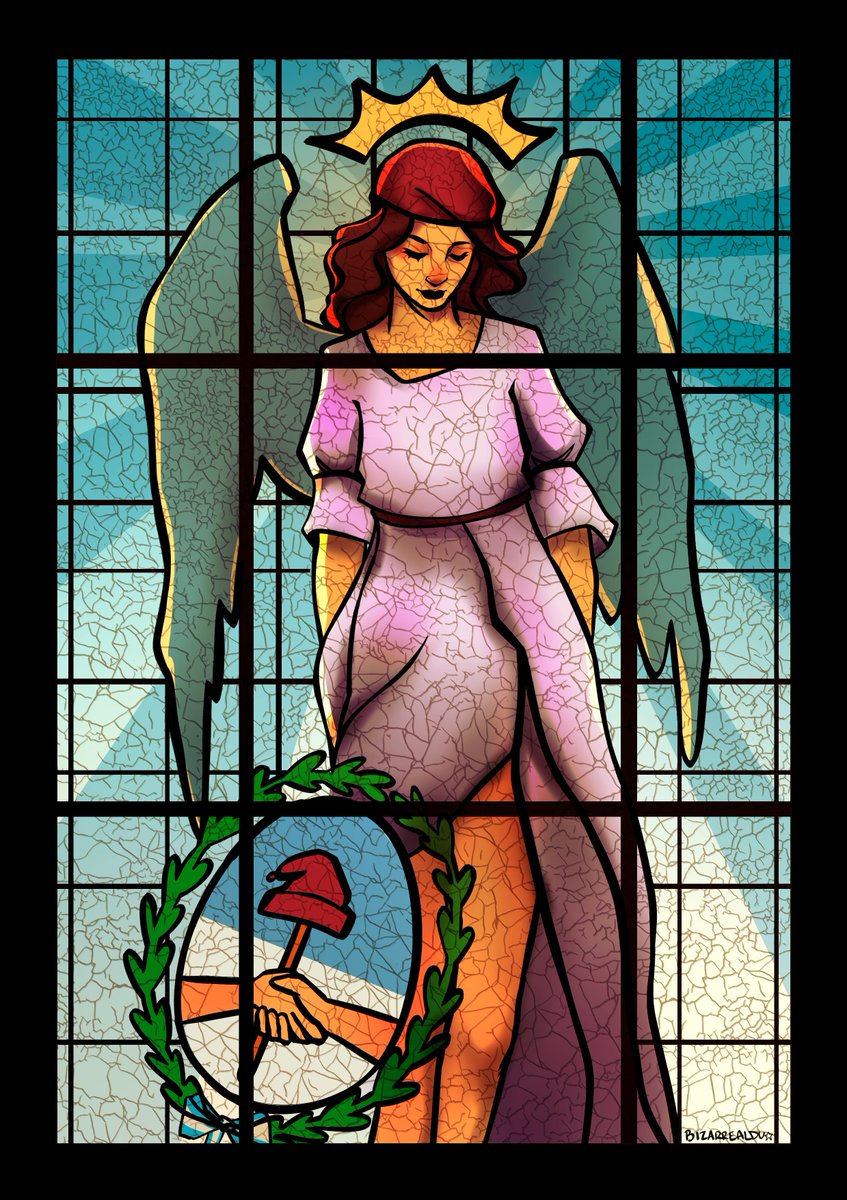bizarrealdu's tweet image. con mucho orgullo les muestro la ilustración que hice para la segunda edición de argenzine, un zine en donde artistas locales nos reunimos para rendirle honor a la cultura de nuestro país. decidí volver a mis raíces y dibujar a la patria en vitral, espero que les guste 😌❤️