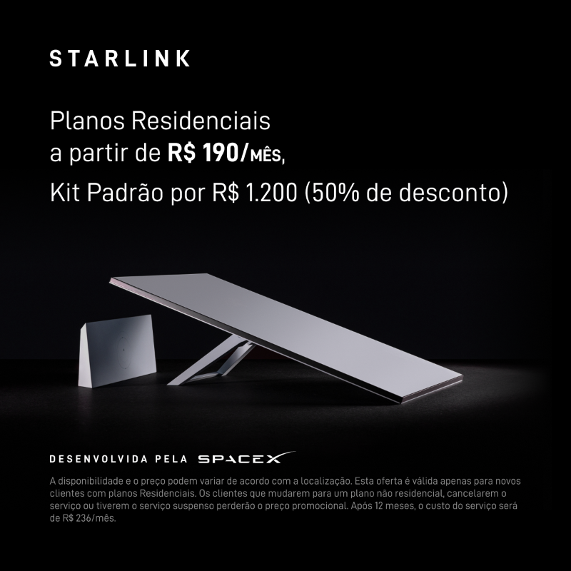 Starlink's tweet photo. A Starlink proporciona internet estável de alta velocidade para streaming, chamadas de vídeo, jogos on-line e muito mais.

R$ 190/mês no primeiro ano de serviço Residencial no Brasil.

Faça o pedido on-line. É fácil e leva menos de dois minutos.