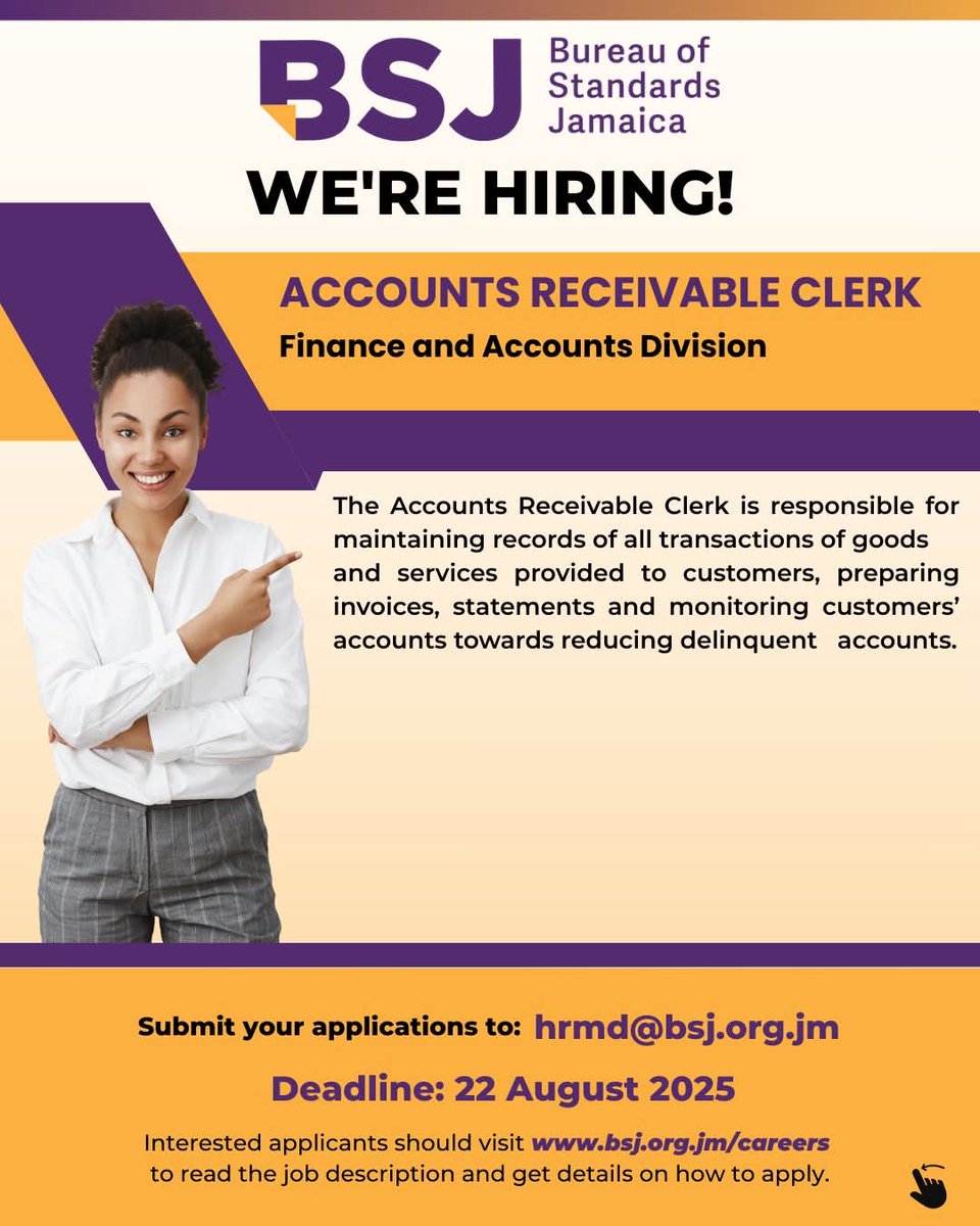 📌Chief Audit Executive- Internal Audit Unit
📌 Cost Accountant - Finance and Accounts Division
📌 Technician - Mechanical Metrology &amp; Testing Branch
📌 Accounts Receivable Clerk - Finance and Accounts Division
Interested applicants should visit bsj.org.jm/careers