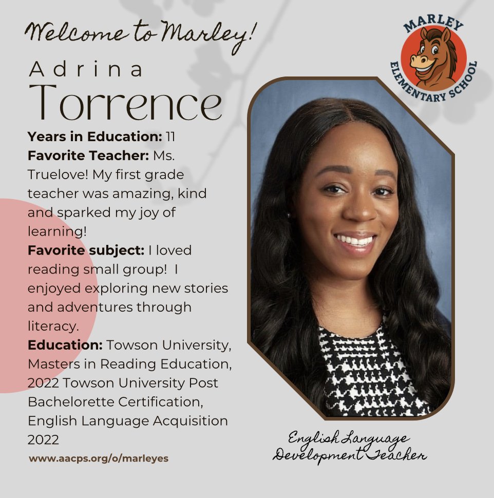 Please join me in welcoming one of our newest Mustangs, Ms. Adrina Torrence! #belonggrowsucceed