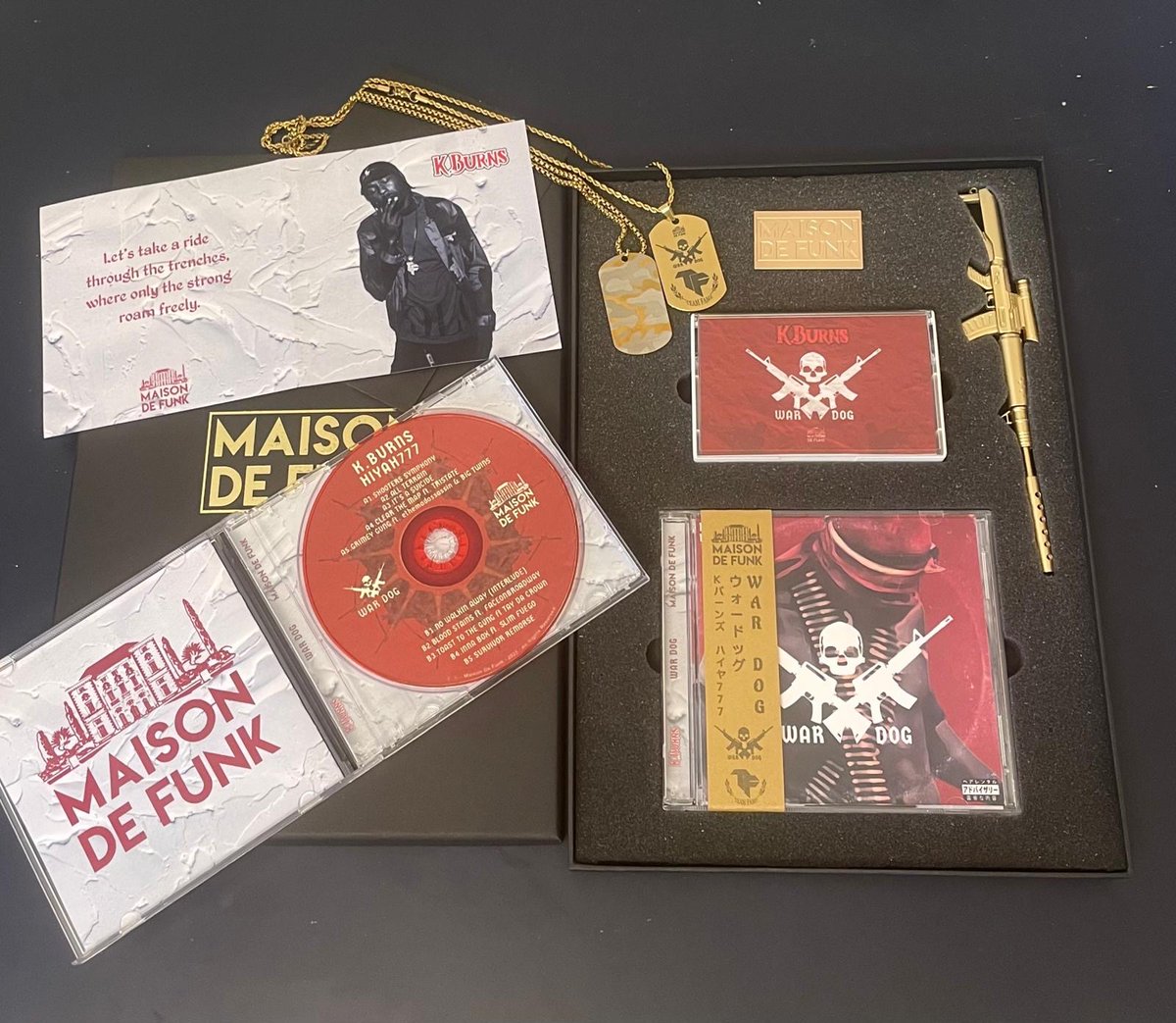 AUG 20th 
WAR DOG LP [Box Set]
via #MaisonDeFunk

Includes:
•Compact Disc w. Obi
•Cassette Tape
•2 Gold Dog Tags
•Gold AK-47 Pen

Be Sure to get a Box Set or additions CD’s &amp; Tapes at:
maisondefunk.com
⚔️⚔️⚔️
-OGB