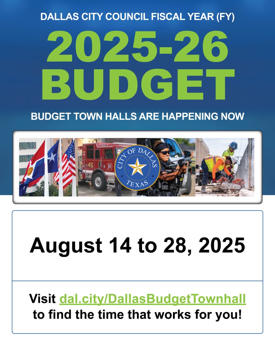 Budget Town Halls are coming up! 📣Share your feedback, engage with Council Members and make your voice heard.

📅 Check out the calendar of events at dal.city/DallasBudgetTo….

#DallasBudget