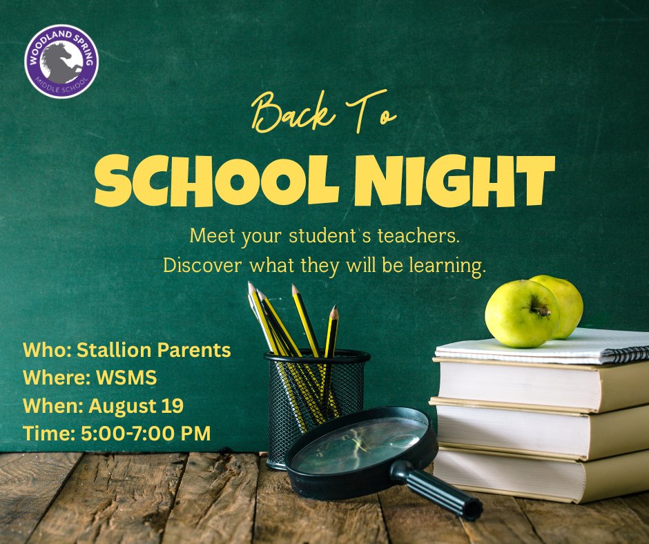 Stallion parents, we would love to see you tomorrow night at our annual Back to School Night. Come walk your student's schedule, visit with our administrators, meet the teachers, and discover all that awaits your Stallion this school year.