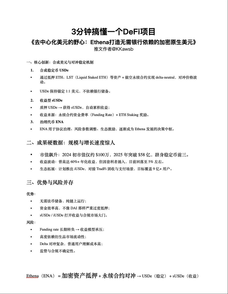 3分钟搞懂一个DeFi项目《去中心化美元的野心：Ethena打造无需银行依赖的加密原生美元》

“Ethena 实现了 delta 中性合成美元 USDe 的铸造与赎回，是加密领域首个完全抵押、链上可扩展且抗审查的货币形式。”

“按流通市值计算，Ethena