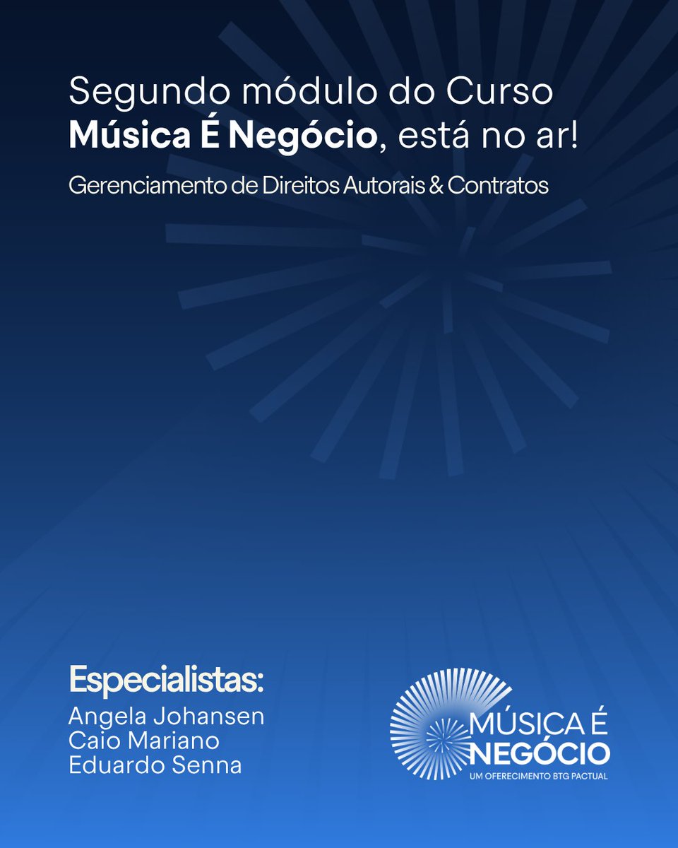 O segundo módulo do Música é Negócio já está no ar!

Agora é hora de mergulhar no tema Gerenciamento de Direitos Autorais &amp; Contratos.

Acesse a plataforma, aproveite os conteúdos e siga construindo sua trajetória com estratégia.

Link na bio!