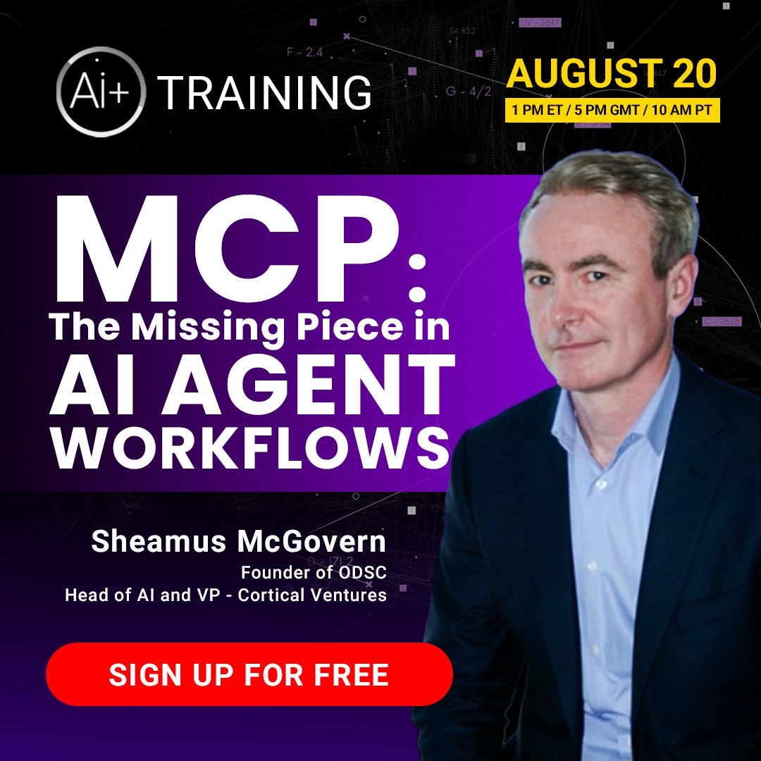 Ai+ Training (@aiplustraining) on Twitter photo Learn how to build resilient, observable agent architectures with the Modular Control Plane framework. ODSC Founder <a href="/sheamusmcgov/">Sheamus McG</a> breaks down the missing link for agent coordination.
Register now: hubs.li/Q03DfFwg0 Learn how to build resilient, observable agent architectures with the Modular Control Plane framework. ODSC Founder <a href="/sheamusmcgov/">Sheamus McG</a> breaks down the missing link for agent coordination.
Register now: hubs.li/Q03DfFwg0