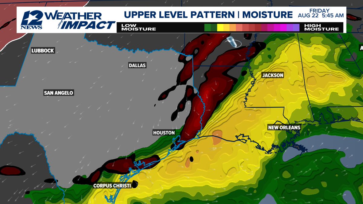 An upper-level disturbance may bring higher rain chances to SE Texas Thursday and Friday as a front stalls over or near the area.  #12NewsNowWeather 12NewsNow.com/weather