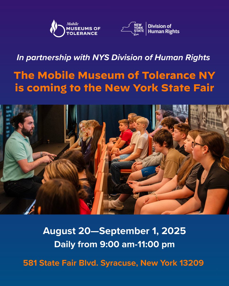 🎉 Big news in the big apple! 🍎

The Mobile Museum of Tolerance NY will be at the @<a href="/NYSFair/">New York State Fair</a> starting this Wednesday! 🚌🎡 

🗓️ Wednesday, August 20–Monday, September 1, 2025 
🕐 Hours: 9:00 am – 11:00 pm daily  
📍 581 State Fair Blvd., Syracuse, New York 13209 

We're proud to