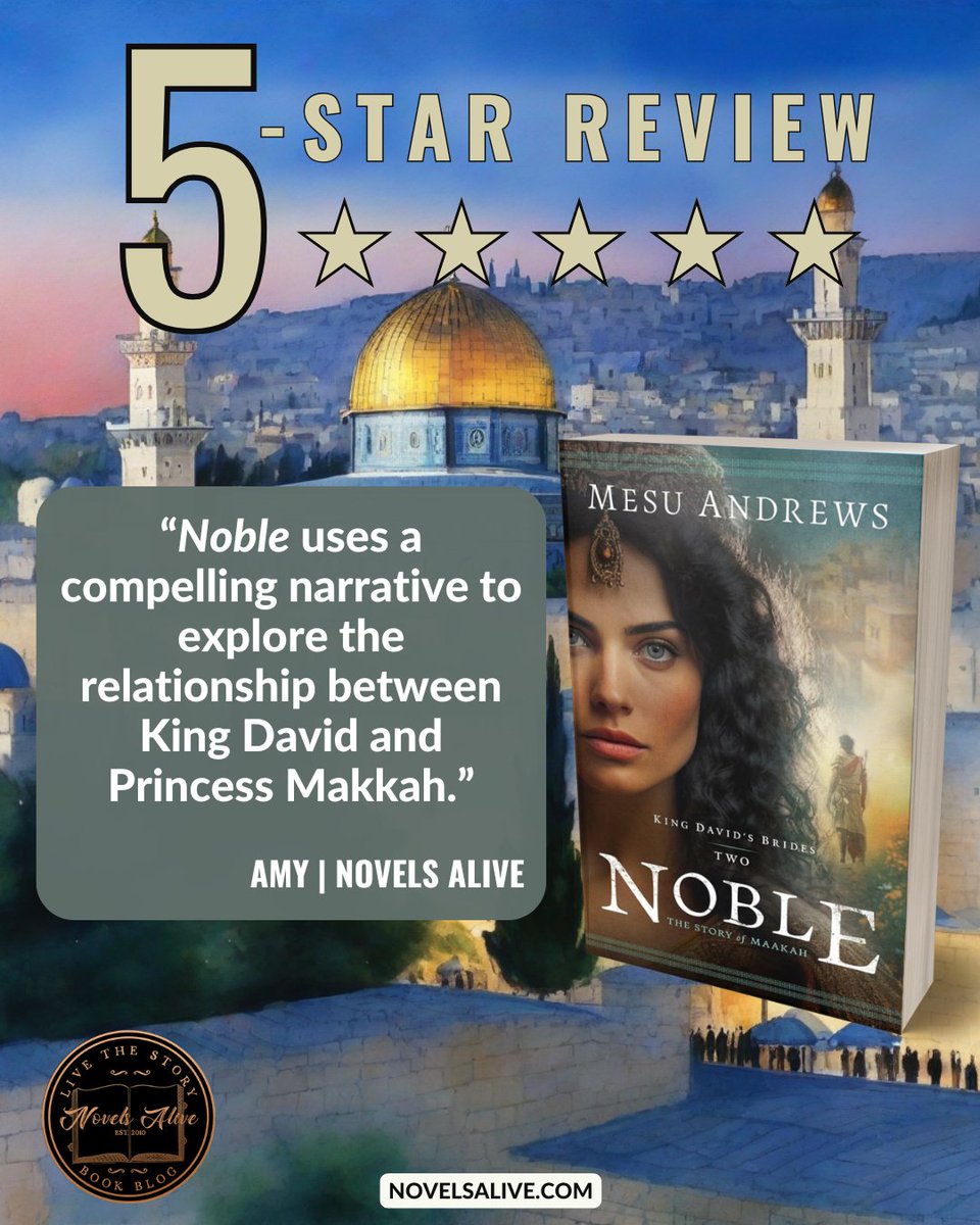 Novels Alive (@novelsalive) on Twitter photo 5-STAR REVIEW🌟🌟🌟🌟🌟: NOBLE by Mesu Andrews <a href="/bethany_house/">Bethany House Publishers</a>
👉NOBLE uses a compelling narrative to explore the relationship between King David and Princess Makkah. bit.ly/41ba1zQ #bookreview #biblestories #historicalfiction #christianfiction #historicalromance #books 5-STAR REVIEW🌟🌟🌟🌟🌟: NOBLE by Mesu Andrews <a href="/bethany_house/">Bethany House Publishers</a>
👉NOBLE uses a compelling narrative to explore the relationship between King David and Princess Makkah. bit.ly/41ba1zQ #bookreview #biblestories #historicalfiction #christianfiction #historicalromance #books