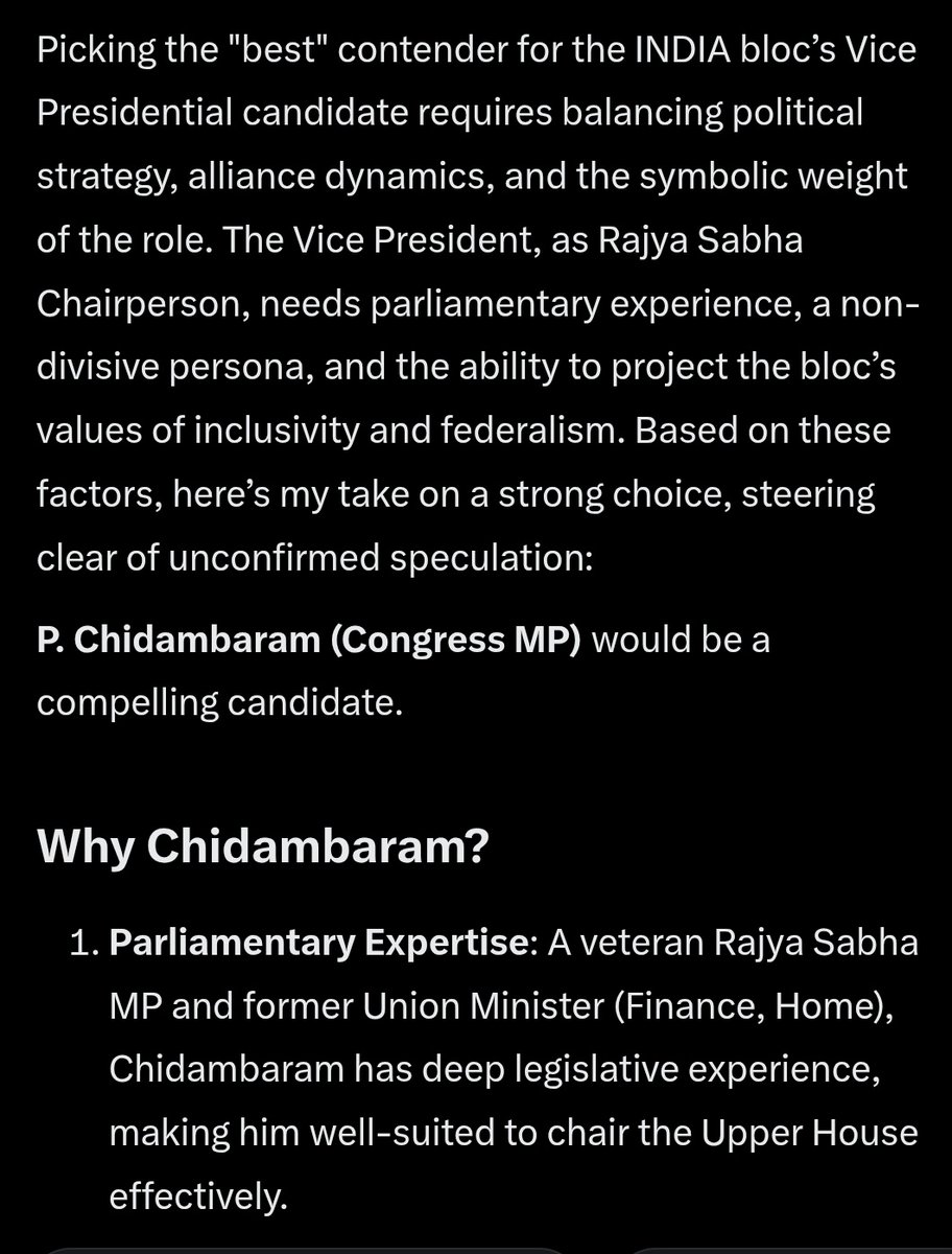 CMSunilkumarCM's tweet photo. Here is what @grok says about the best contender for the Vice President election from the INDIA bloc or the opposition.

Can't agree more..!!

@PChidambaram_IN for #vicepresidentofindia 
#VicePresident

are you looking? @INCIndia @KartiPC @kharge @RahulGandhi https://t.co/AWCc1aYhyn