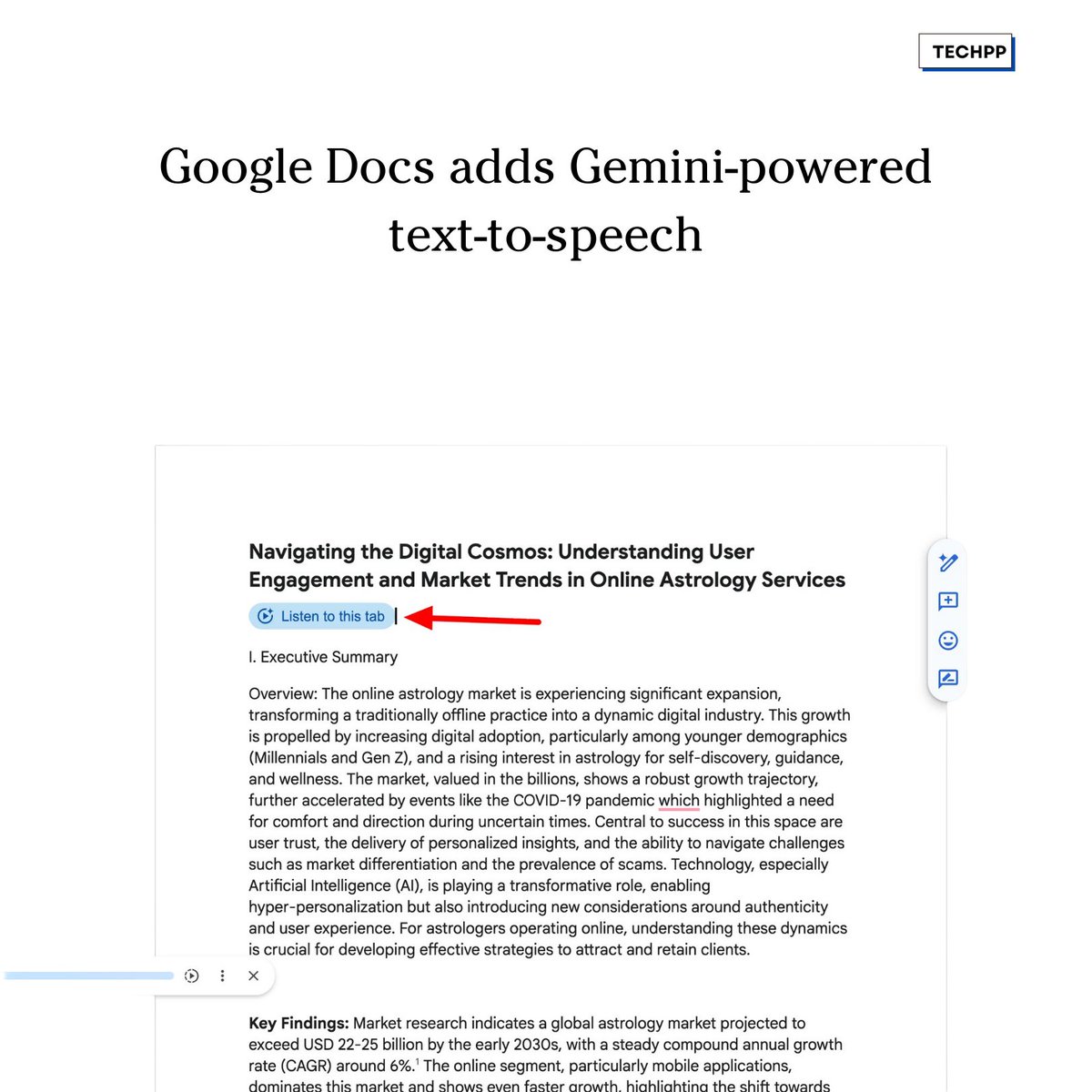 techpp's tweet image. Google Docs adds Gemini-powered text-to-speech

#GoogleDocs #GeminiAI #TextToSpeech #Apps