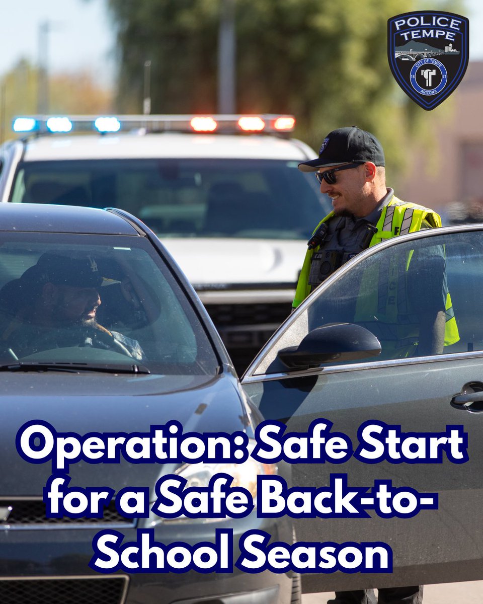 TempePolice's tweet photo. Kids, bikes, cars – Tempe streets are busy!
Tempe PD’s Operation: Safe Start runs Aug. 15–Sept. 7—
with extra patrols, strict traffic enforcement, and safety tips for students walking, biking, and staying aware.
#TempePD #OperationSafeStart #BackToSchoolSafety https://t.co/53gGrhDkrQ