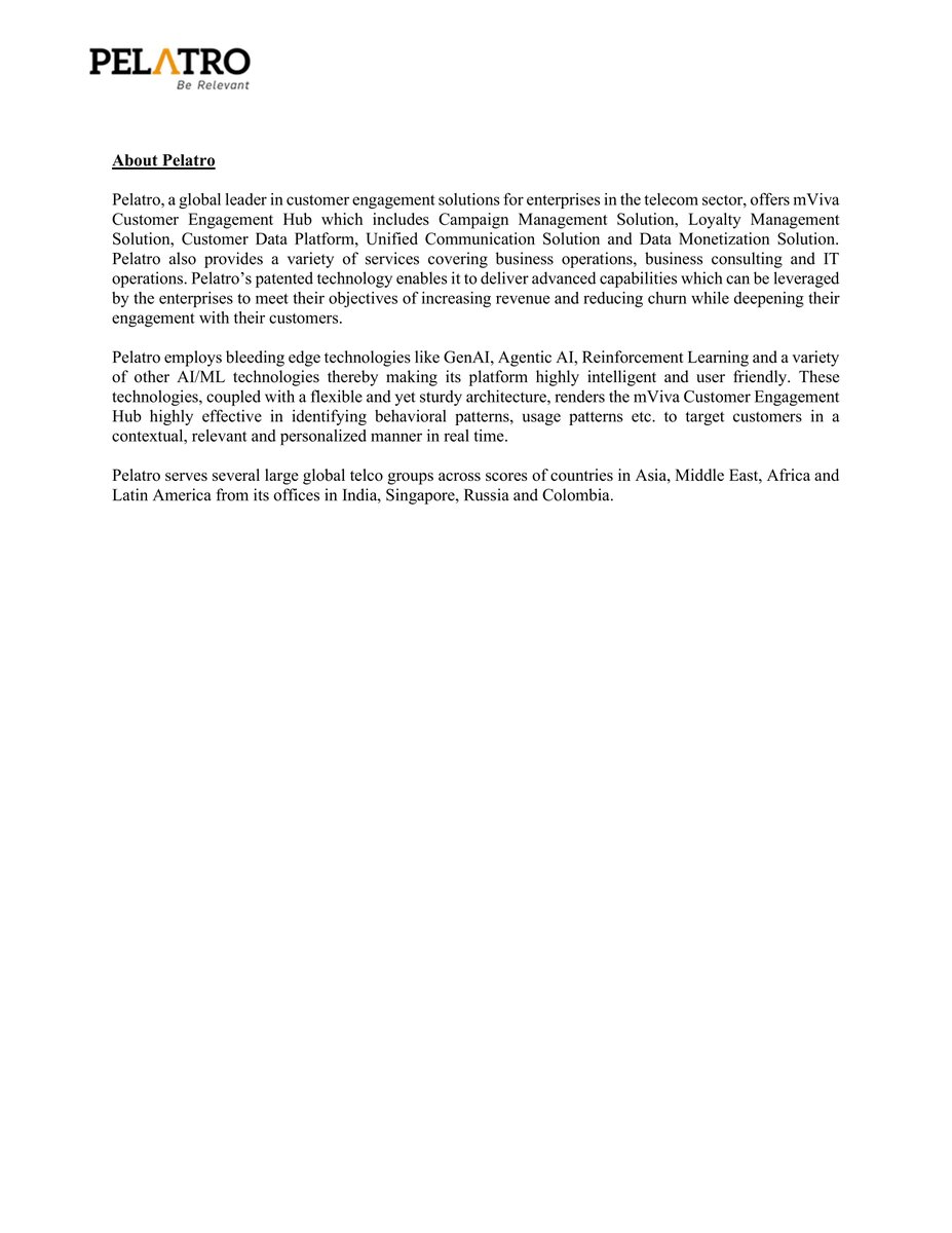 nileshkurhade's tweet photo. 📌 Pelatro Limited informed the exchange about Pelatro being chosen by a telco group in Africa to deploy mViva Campaign Management Solutions in their networks in three countries, with the orders for approx INR 3.5 crores to be executed over the next 6 to 8 months. #SME #PELATRO 🌍📱
