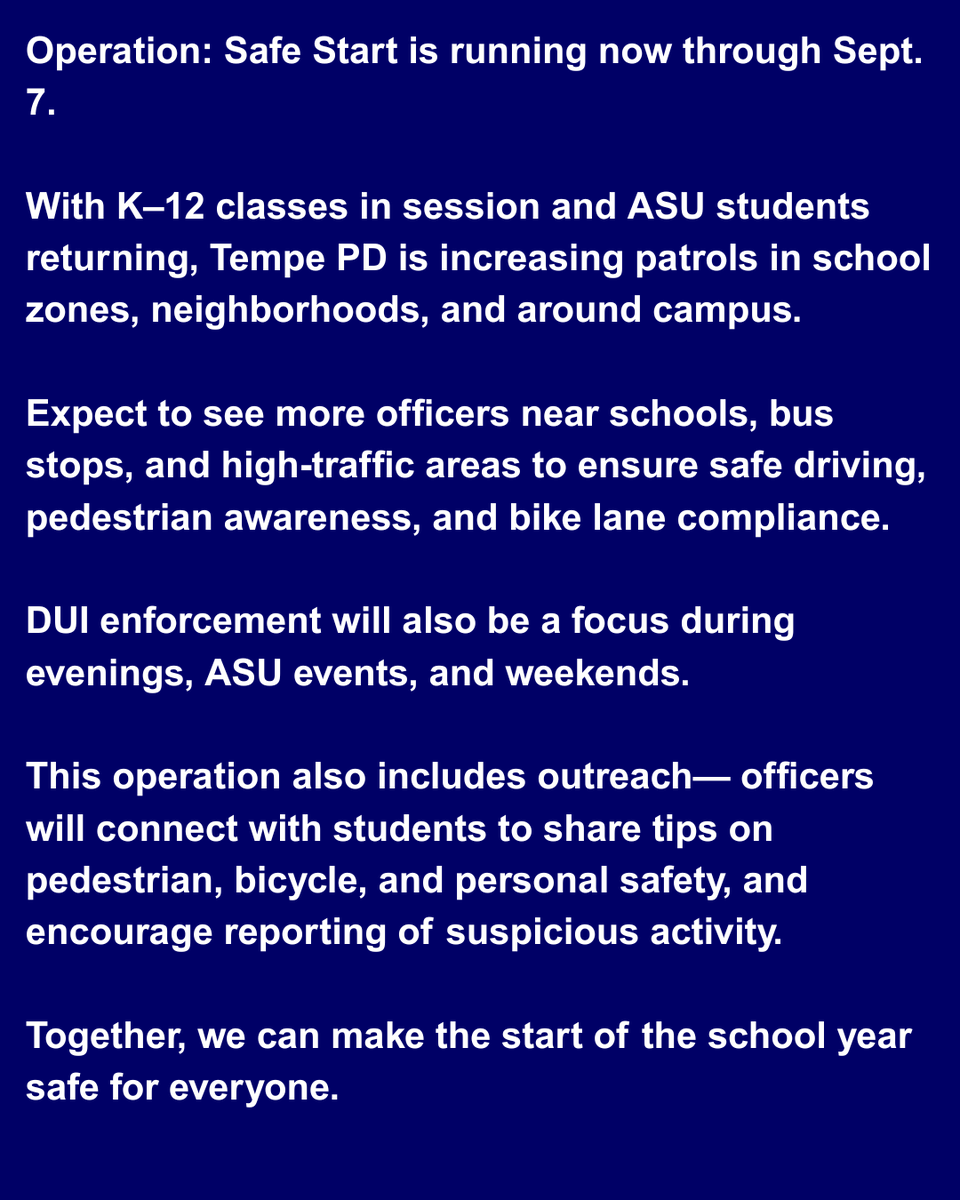 TempePolice's tweet photo. Kids, bikes, cars – Tempe streets are busy!
Tempe PD’s Operation: Safe Start runs Aug. 15–Sept. 7—
with extra patrols, strict traffic enforcement, and safety tips for students walking, biking, and staying aware.
#TempePD #OperationSafeStart #BackToSchoolSafety https://t.co/53gGrhDkrQ