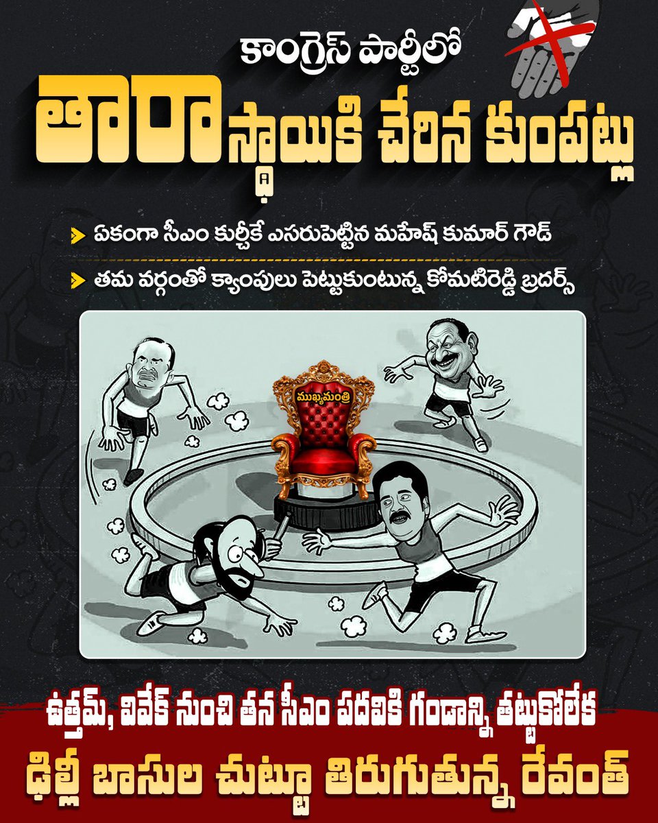 కాంగ్రెస్ అంటేనే అంతర్గత కుమ్ములాటలు. 

ప్రజా సమస్యలు గాలికొదిలేసి,
తమ సీటును కాపాడుకోవడం కోసం, 
ఢిల్లీ బాసుల చుట్టూ తిరుగుతున్న కాంగ్రెస్ నాయకులు.