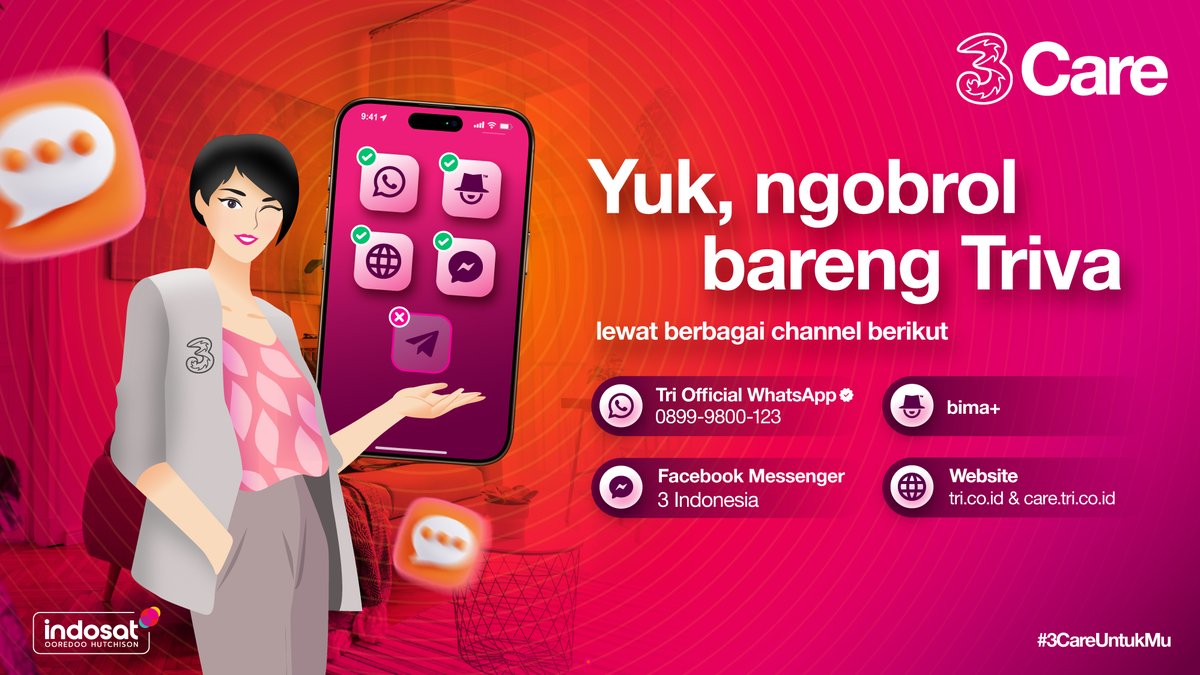 Selalu ada cara buat #SobatTri tetap terhubung dengan Triva di berbagai channel ini lho✨

#3CareUntukMu #3CareIndonesia