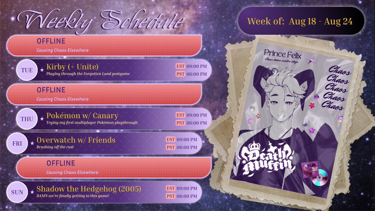 ✨This week's schedule✨

Trying to fit in four streams this week. Some solo streams, some collabs, and starting a new game I've been quite excited to get to for a long time! We're nearly at 500 followers, and we're gonna keep pushing to get there!👑

See you this week~👑💜✨