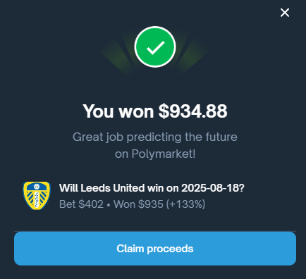 Friends, I placed a $400 bet on Leeds United to beat Everton on Polymarket yesterday, and they clinched a 1-0 win thanks to a penalty on the 84th minute! My payout is a solid $934.88! 
 #Polymarket #LeedsUnited #EPL #Betting