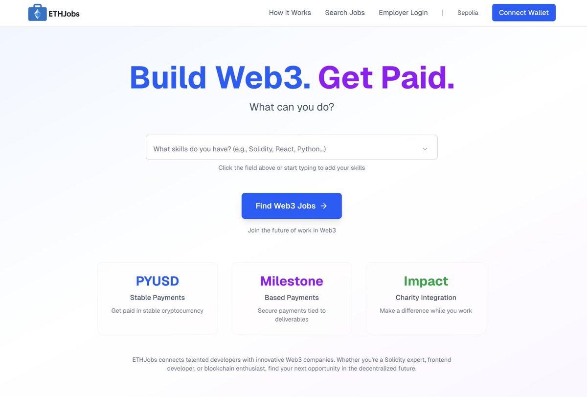 need work done? find the right dev, fast. ⚡

in 36hrs at #ETHGlobal NYC we built ETHJobs.cc — a task-based job platform:

💸 fund tasks in PYUSD
🔗 devs prove skills on-chain
🤖 smart contracts pay out instantly, anywhere

check it out 👉 ethglobal.com/showcase/ethjo…
