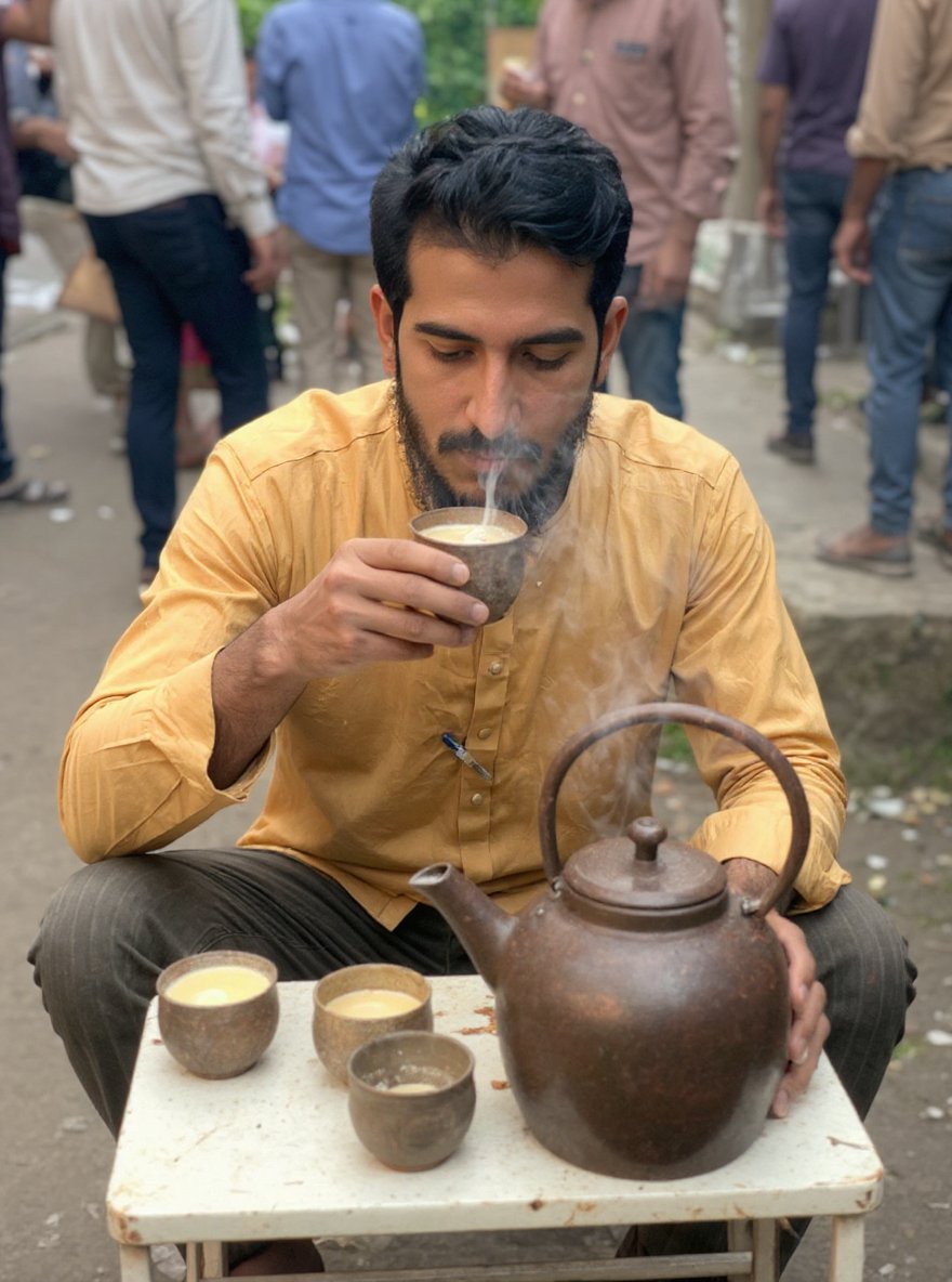 Promptopia4's tweet image. Candid 4K photo of a man sipping chai at a small roadside tea stall, steam rising from kettle, rustic cups, everyday crowd behind, authentic South Asian street life detail, no face change.
#LaCasaDeLosFamososMx #zonauang #helevier #JossGawin
