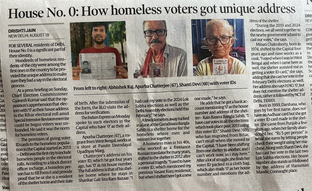 House number 0 as address on Voter list= vote chori? 
No, it’s actually a way to ensure even the homeless get their right to vote.
Started in Delhi in 2013. 
Here are a few examples