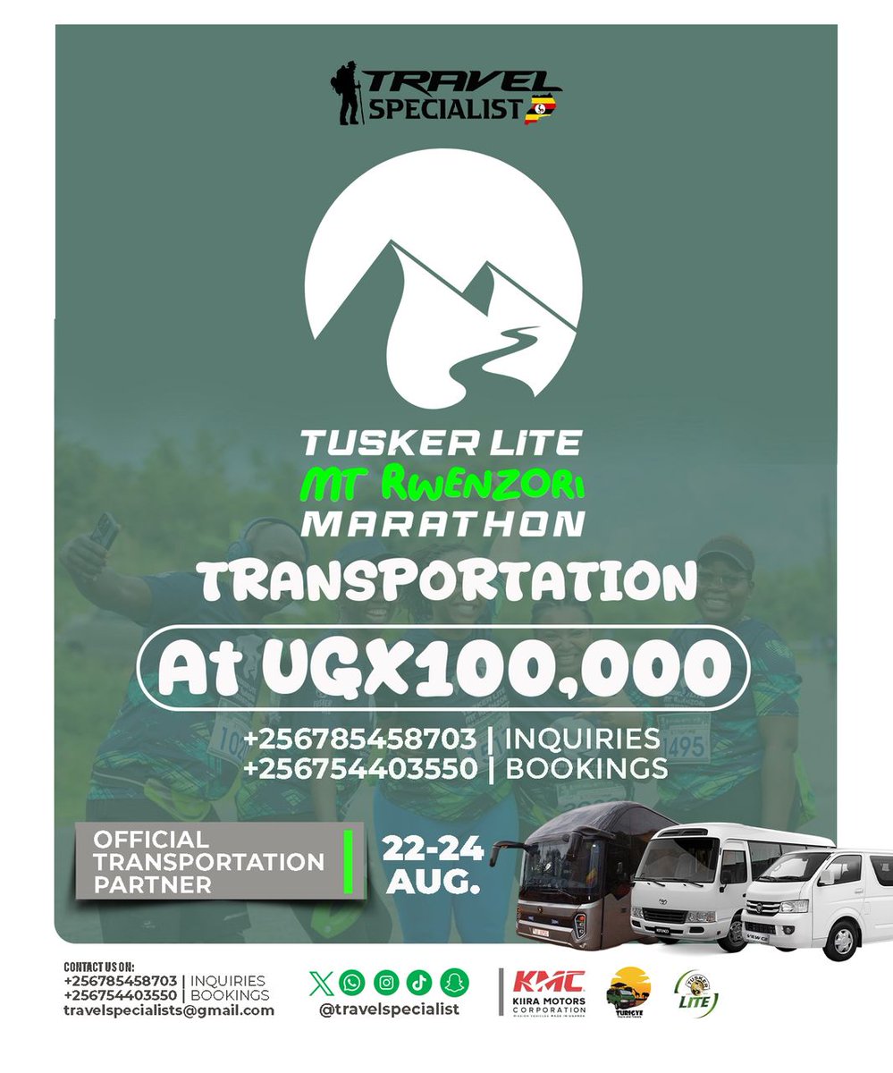Chiquita ๐ฆ (@chiquita_shakie) on Twitter photo Run with ease, we've got the wheels!
Official transportation to the #TuskerLiteRwenzoriMarathon is set. A smooth, safe, and reliable ride
๐๏ธ Dates: 22ndโ24th August
๐ +256 785 458 703 | +256 754 403 550
๐ง <a href="/Uganda_Expozed/">TRAVEL SPECIALIST๐บ๐ฌ</a>
Powered by <a href="/KiiraMotors/">๐๐ข๐ข๐ซ๐ ๐๐จ๐ญ๐จ๐ซ๐ฌ</a>, proudly moving Uganda Run with ease, we've got the wheels!
Official transportation to the #TuskerLiteRwenzoriMarathon is set. A smooth, safe, and reliable ride
๐๏ธ Dates: 22ndโ24th August
๐ +256 785 458 703 | +256 754 403 550
๐ง <a href="/Uganda_Expozed/">TRAVEL SPECIALIST๐บ๐ฌ</a>
Powered by <a href="/KiiraMotors/">๐๐ข๐ข๐ซ๐ ๐๐จ๐ญ๐จ๐ซ๐ฌ</a>, proudly moving Uganda